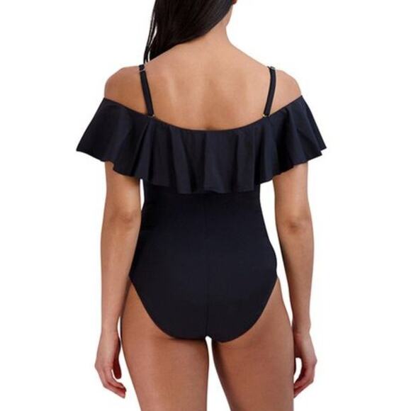 NWT BCBGMAXAZRIA Black One Piece Swimwear, Swimsuit, Ruffle top, Sz M - Picture 2 of 4